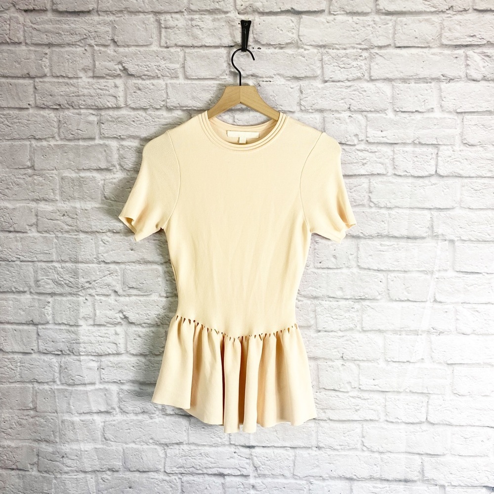 Johnathan Simkhai Slashed Knit Peplum Blush Short Sleeve Top